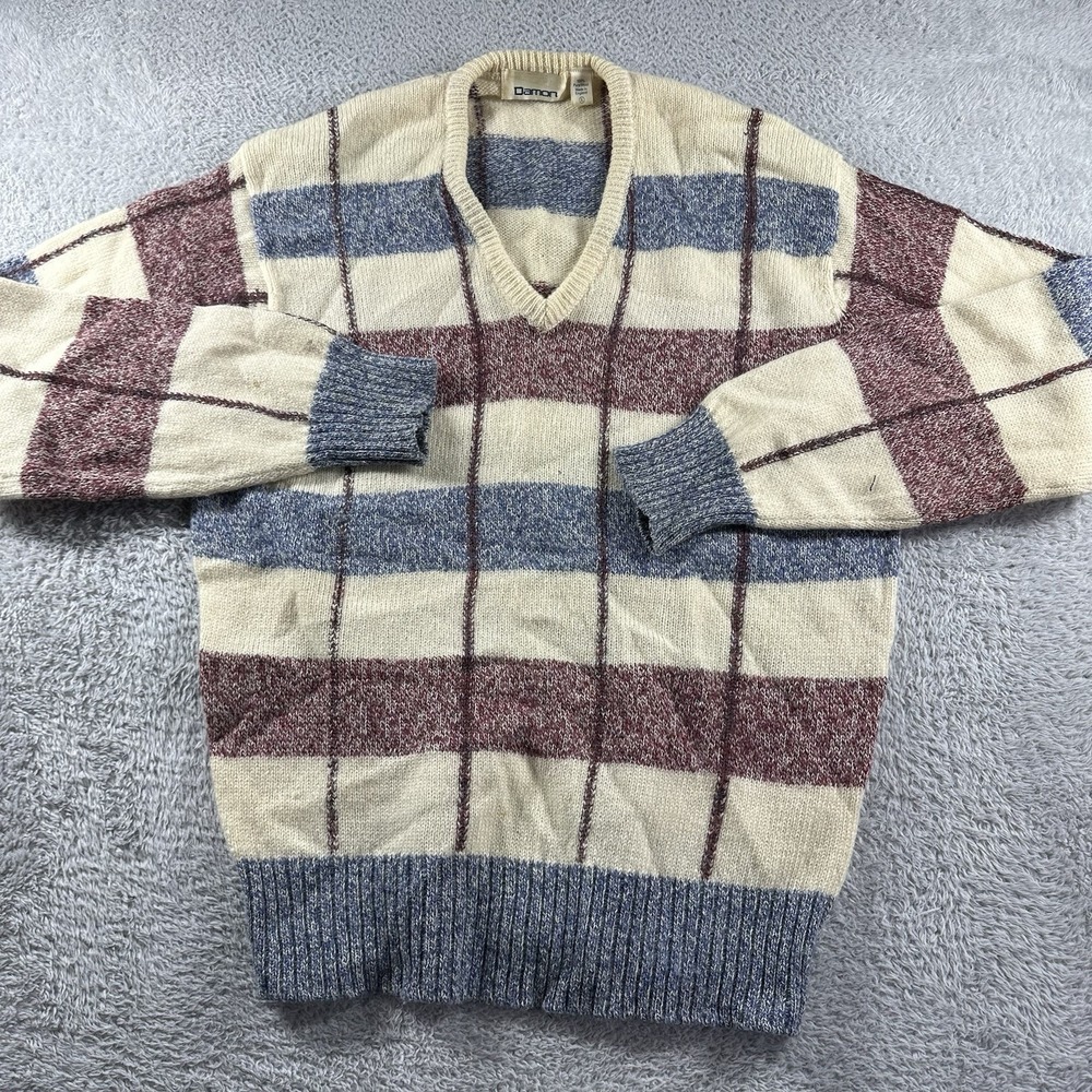 VINTAGE Damon Sweater Mens XL Stripe Pattern England Long‎ Sleeve V Neck Plaid